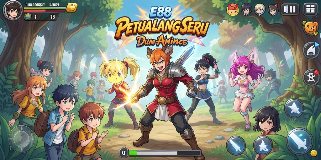 Screenshot gameplay E88 menampilkan aksi karakter anime yang dinamis dan berwarna.