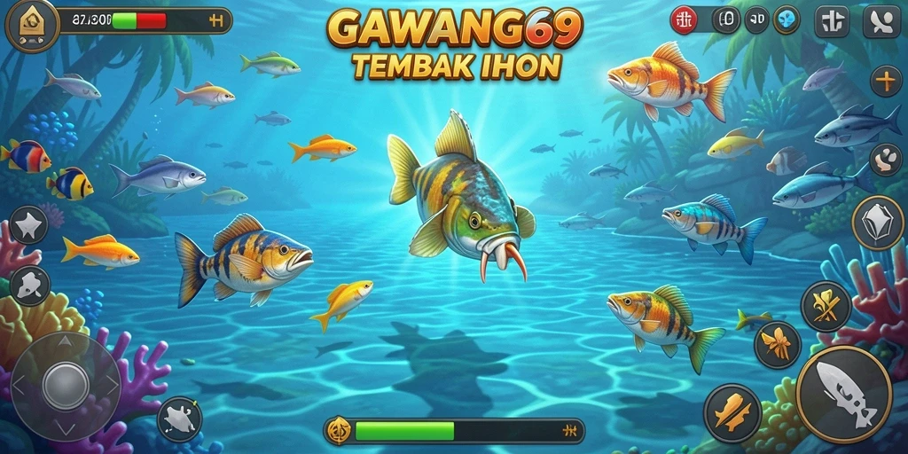 Tampilan gameplay seru GAWANG69 saat menembak ikan di laut.