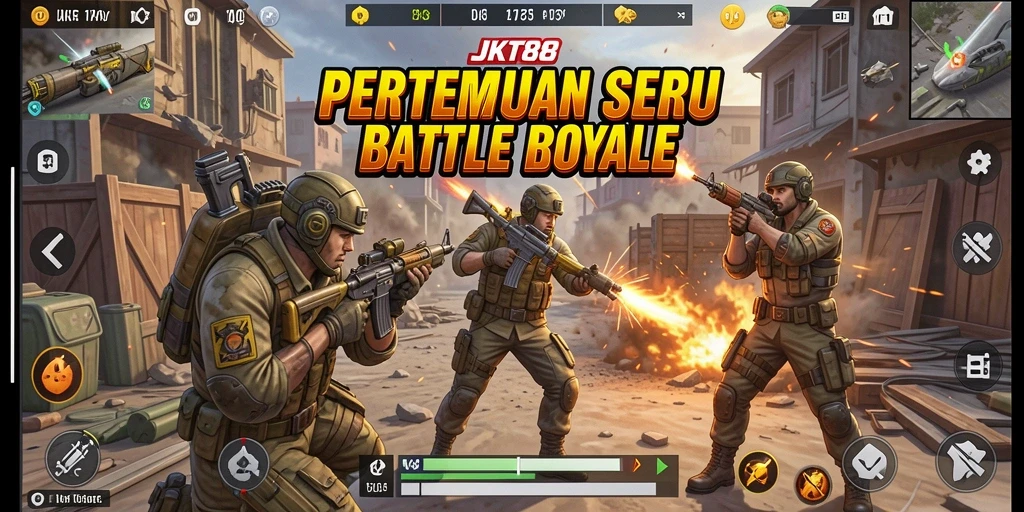Screenshot JKT88 menampilkan aksi pertempuran intens dalam Battle Royale.