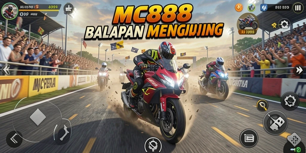 Tampilan gameplay seru dalam MC888 saat balapan motor.