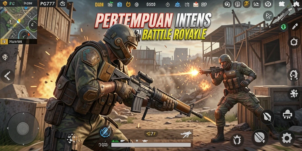 Screenshot PG777 menampilkan pertempuran mendebarkan dalam mode Battle Royale.