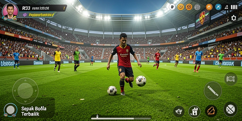 Tampilan gameplay RR33 yang menarik di lapangan sepak bola.