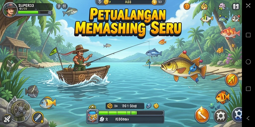 Gameplay SUPER33 menampilkan aktivitas memancing yang mendebarkan.