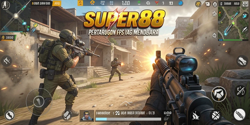 Screenshot utama SUPER88 menunjukkan aksi tembak-menembak yang mendebarkan.