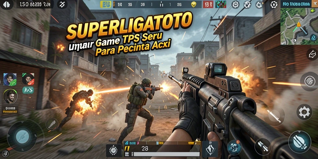 Tangkapan layar utama SUPERLIGATOTO menampilkan aksi tembak-menembak yang mendebarkan.
